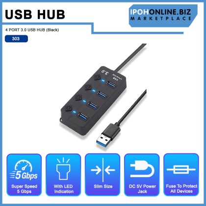 4 PORT 3.0 USB HUB (Black)